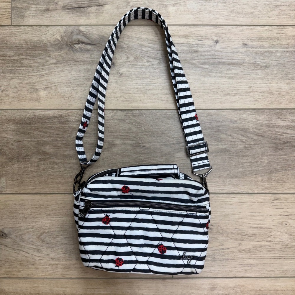 Lug Bebop Crossbody Bag Ladybug Striped Black White Quilted Multi-Pocket Bag